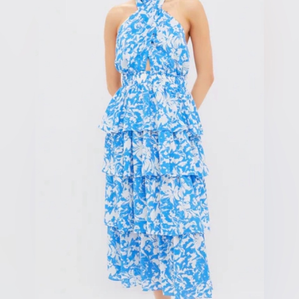 NWT Tuckernuck Blue & White Floral Halter Neck Jenny Midi Dress